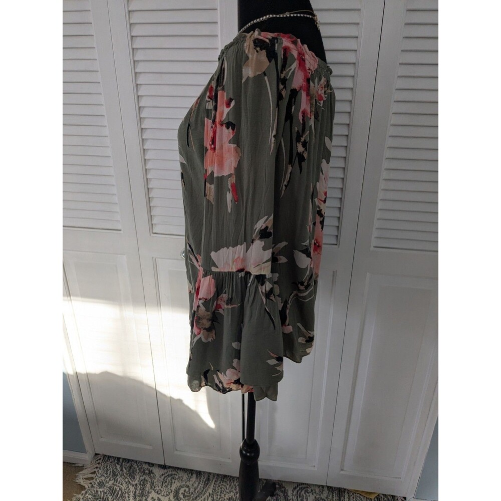 White House Black Market Top Women's S Boho Green Off the Shoulder Floral Blouse - Picture 6 of 11